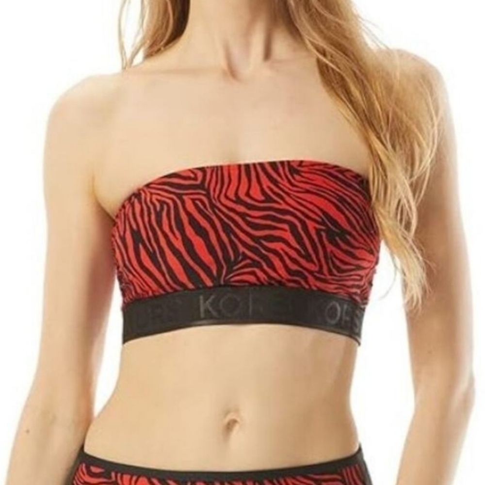 Michael Kors Zebra Strapless Zip Back Bandeau Bikini Top Ruby Red Women's Small